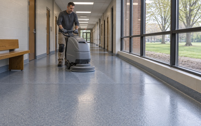 A walk-behind scrubber cleaning a new quartz-textured epoxy corridor in a Davenport school, the coved base turning up the wall.