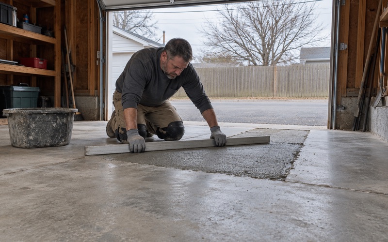 A straight screed bar drawn across a fresh mortar patch where a salt-scaled garage slab in Davenport was cut out at the threshold.
