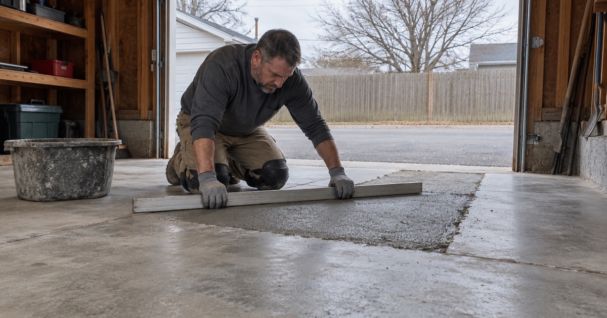 A straight screed bar drawn across a fresh mortar patch where a salt-scaled garage slab in Davenport was cut out at the threshold.