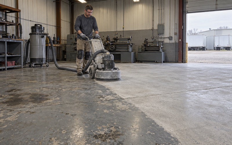 A walk-behind planetary grinder opening an old painted slab in a Davenport machine shop, half the floor ground to bare concrete.