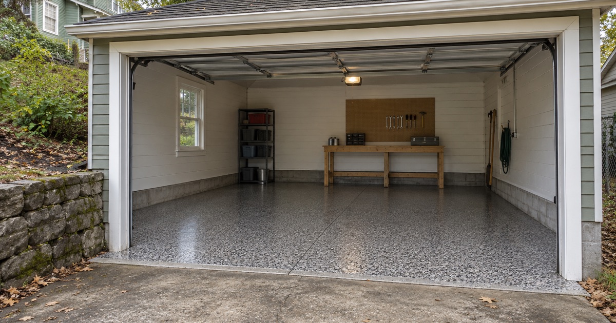 A finished charcoal and gray flake floor seen through the open overhead door of a detached garage behind a frame house in Davenport.