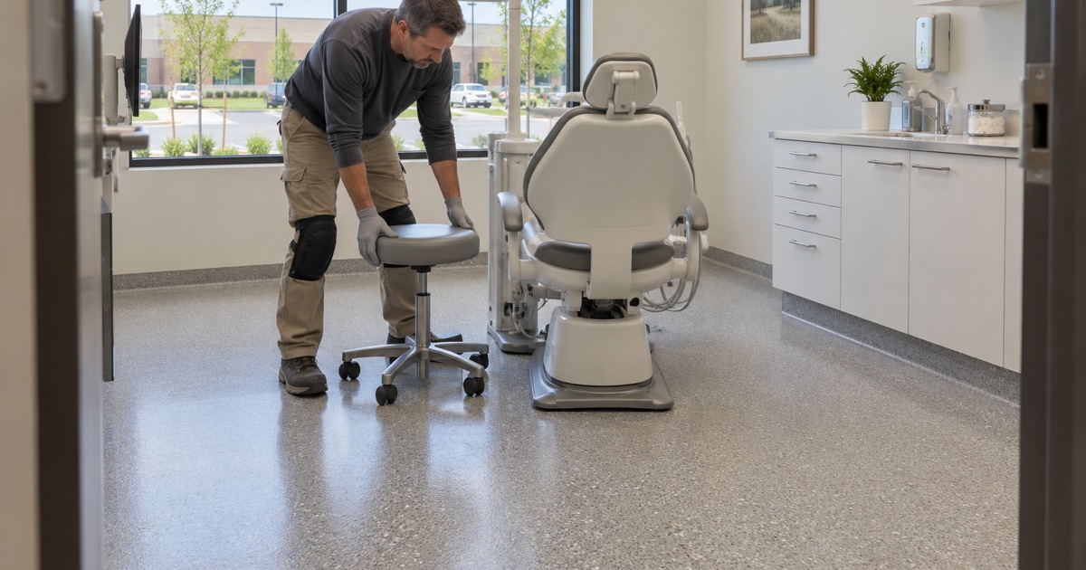 An operator stool set back on a new seamless resinous floor in a dental operatory in a Bettendorf medical office building.