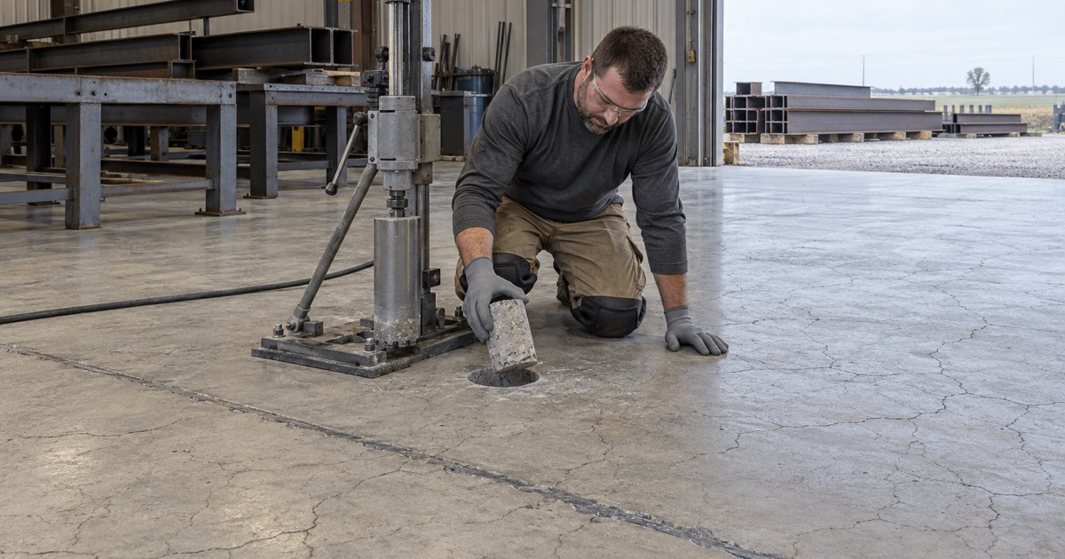 A concrete core lifted from a map-cracked slab in a Camanche fabrication plant so the cracking can be diagnosed before any coating.
