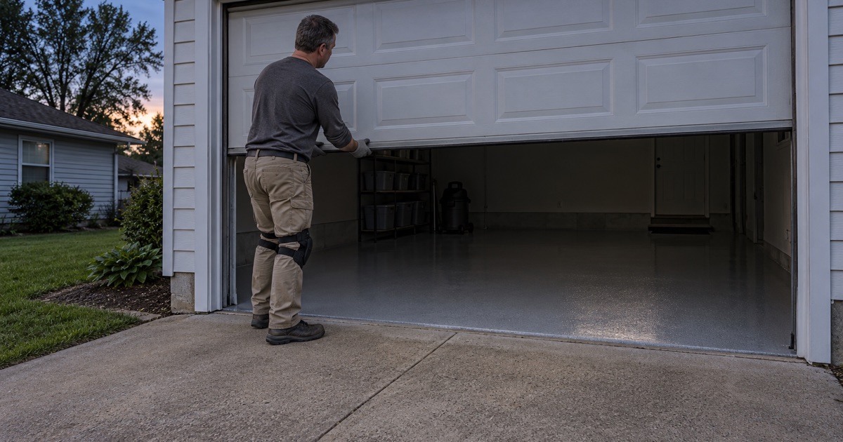 A garage door being lowered over a freshly coated floor at dusk on Campbell’s Island, the garage lights switched off for the cure.