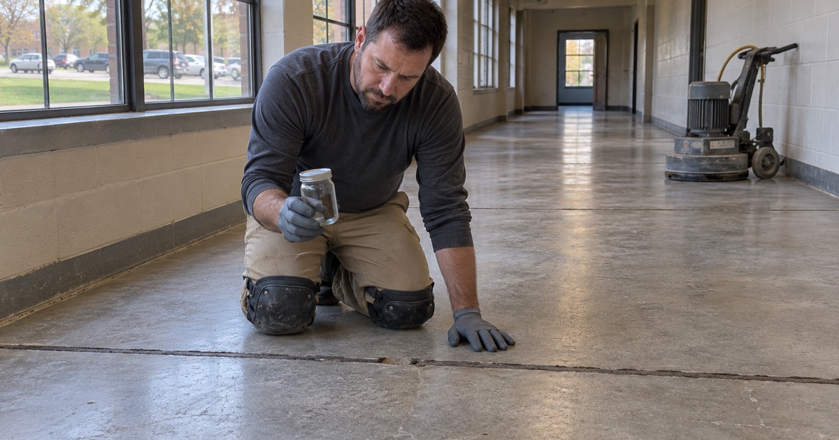 An old sealant joint sampled into a jar in the 1950s wing of a former Clinton school, before any grinder touches the floor.