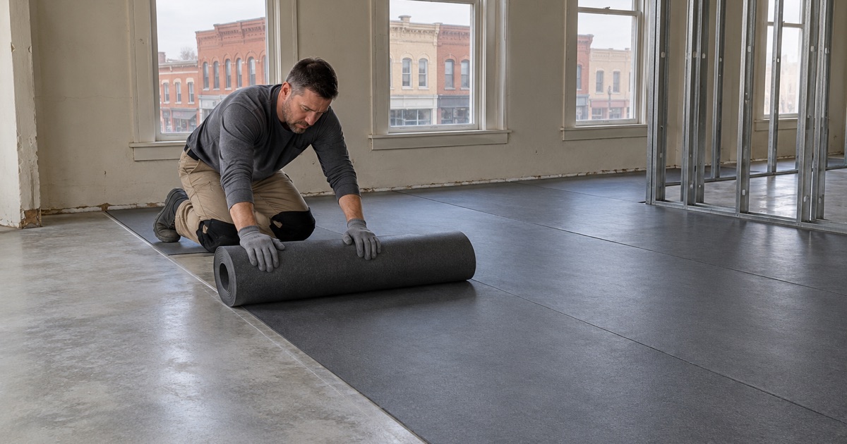 A roll of rubber underlayment unrolled across the upper-floor slab of a 1920s office building in DeWitt being turned into apartments.