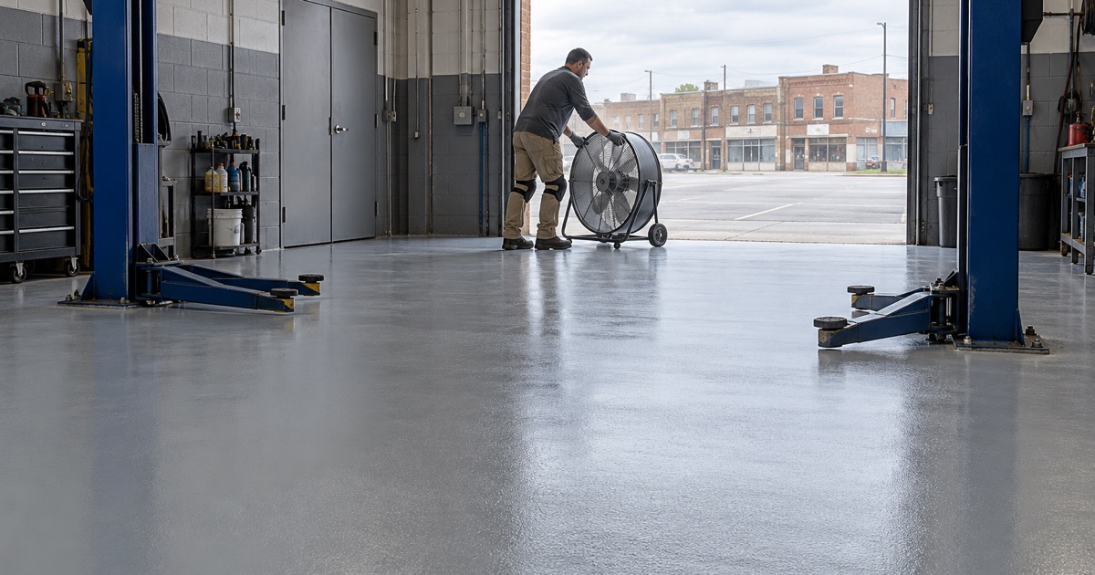 A drum fan set at the open door of an auto repair bay in East Moline to carry coating odor out of a building shared with a salon.