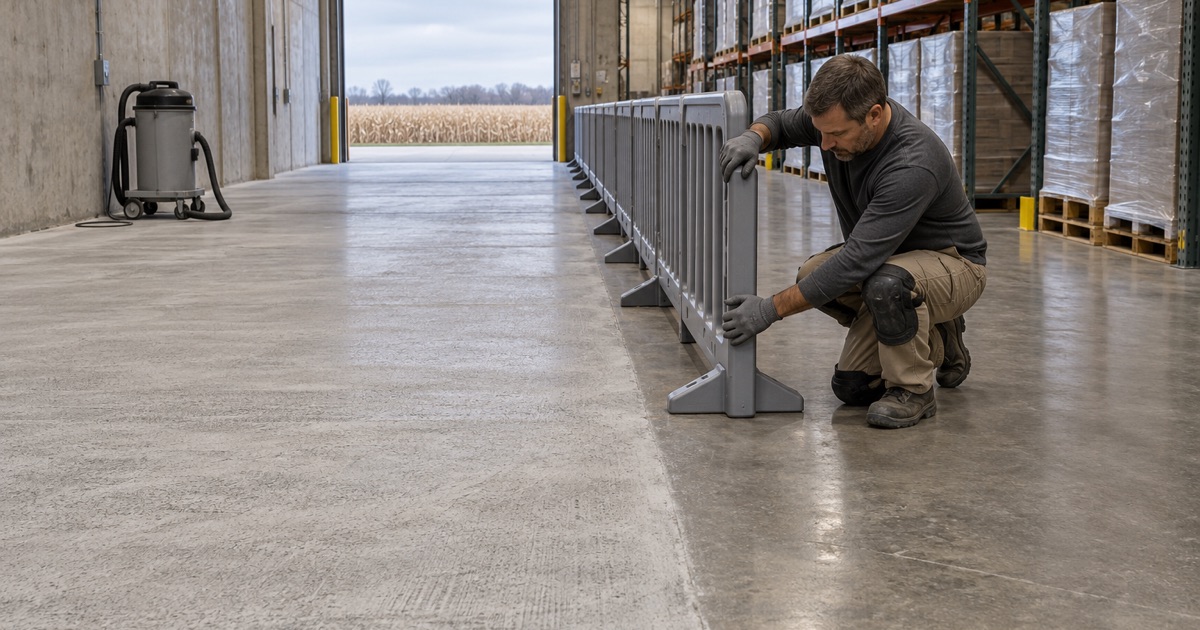A barrier line set between a freshly ground floor lane and a working pallet aisle in a large Eldridge distribution warehouse.