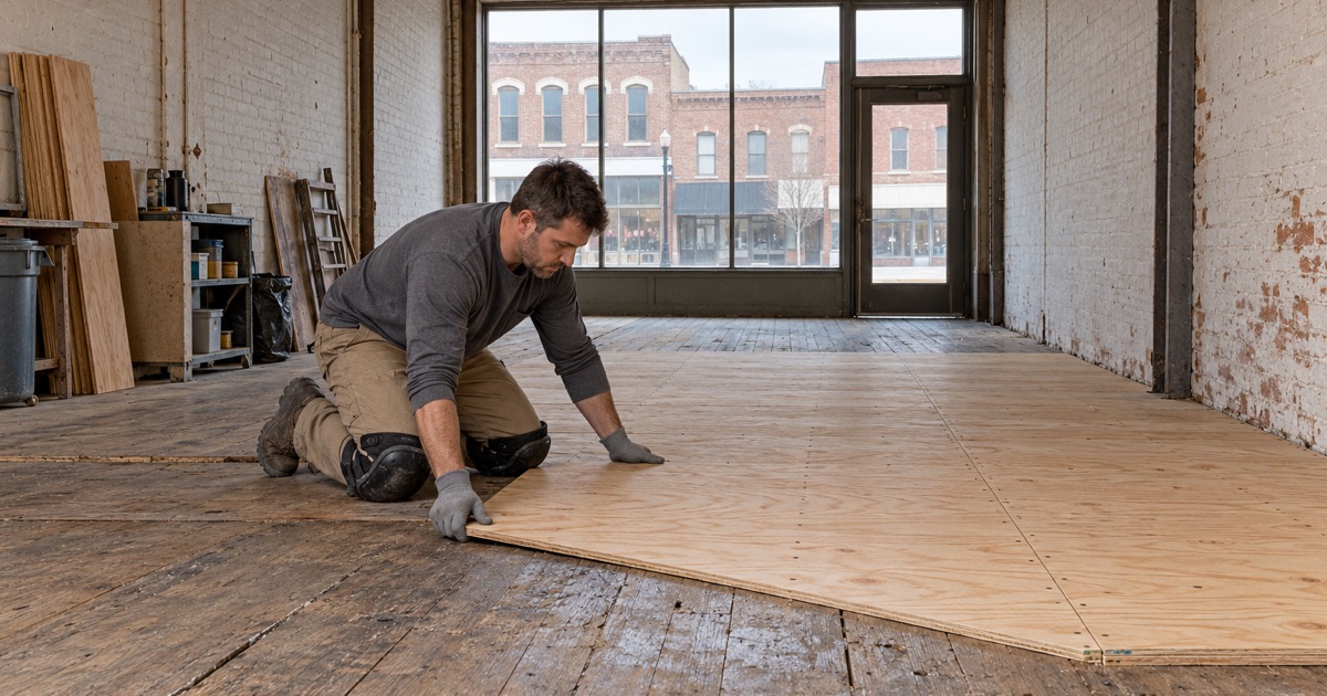 A sheet of plywood lowered onto the old wood floor of an 1878 storefront on State Street in Geneseo before a resinous floor goes over it.