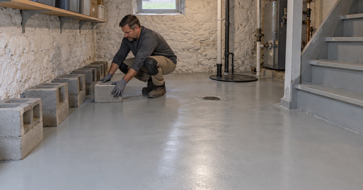 Concrete blocks set on a newly coated basement floor in a Le Claire river-town house to raise stored things off the slab.