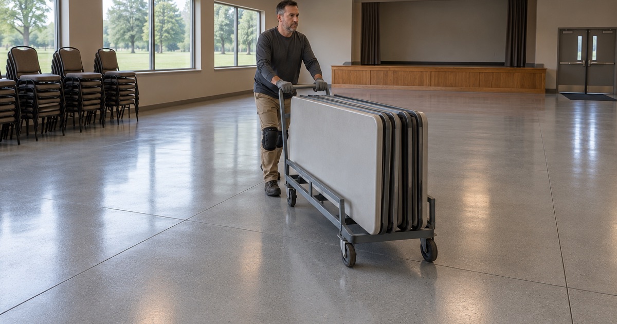 A cart of folded banquet tables wheeled across the satin topcoat of a village banquet hall floor in Milan.
