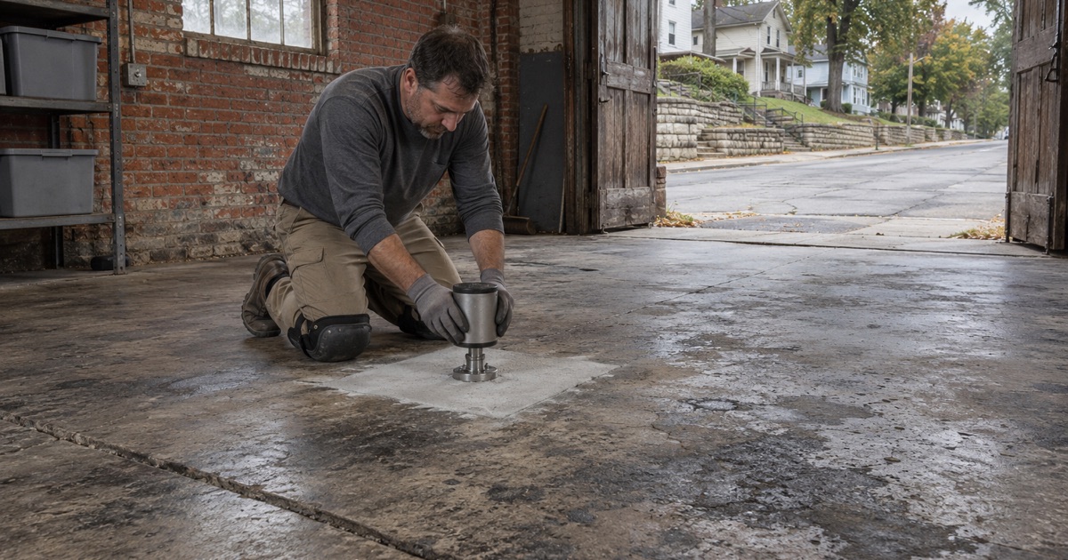 A pull-off tester seated on a small primed test patch on the old slab of a 1920s brick building on a Moline hillside street.