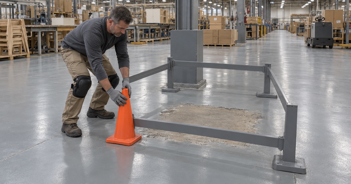 A traffic cone set at a guarded zone around a chipped spot in the coated floor of a large Muscatine furniture plant.
