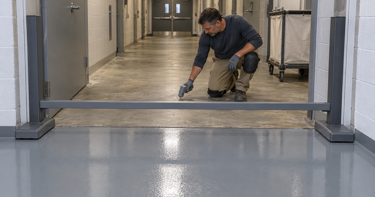 A slab temperature check on the cool back-of-house corridor of a 24-hour building in Rock Island, one section coated and roped off.