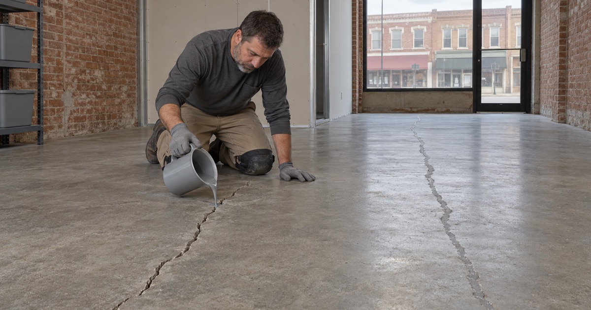Crack filler poured into a chased crack in the old slab of a 1st Avenue storefront in Silvis before it becomes a studio floor.