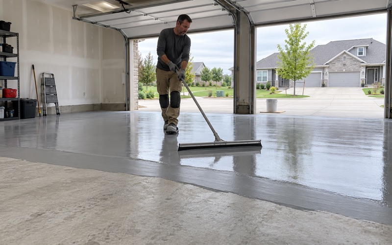 A gray epoxy base coat being pulled out with a floor squeegee across the ground slab of an attached garage in a newer Davenport subdivision.