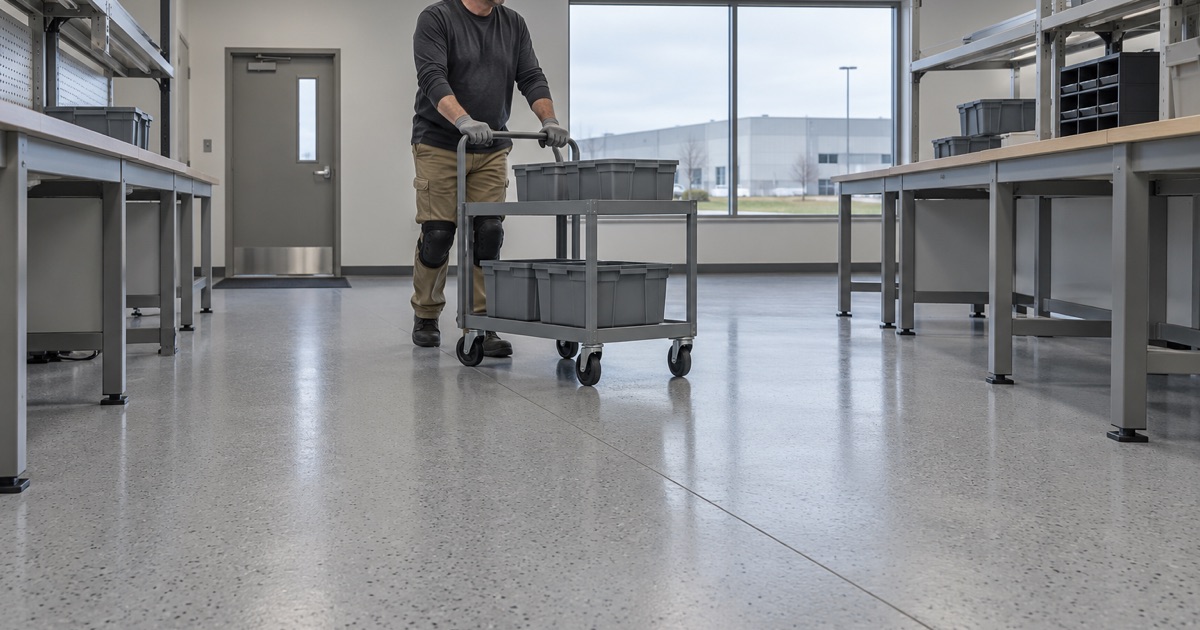 A parts cart rolled across a static-dissipative epoxy floor in an electronics assembly room at a Davenport industrial park.