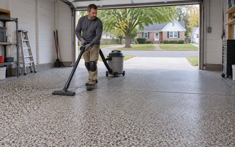 A shop vacuum pulled across a just-scraped vinyl flake floor in a Davenport garage before the clear topcoat goes on.
