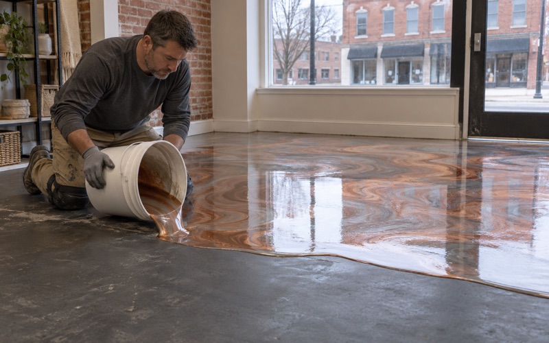 A pearl and copper metallic epoxy being poured onto the floor of a small Davenport boutique, the pigment spreading in soft swirls.