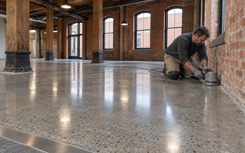 An edge polisher working the last strip along a brick wall on a polished concrete floor in a converted downtown Davenport warehouse.