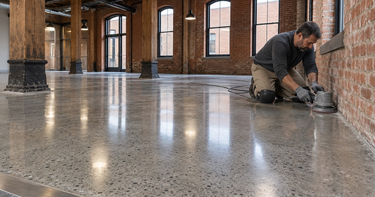 An edge polisher working the last strip along a brick wall on a polished concrete floor in a converted downtown Davenport warehouse.